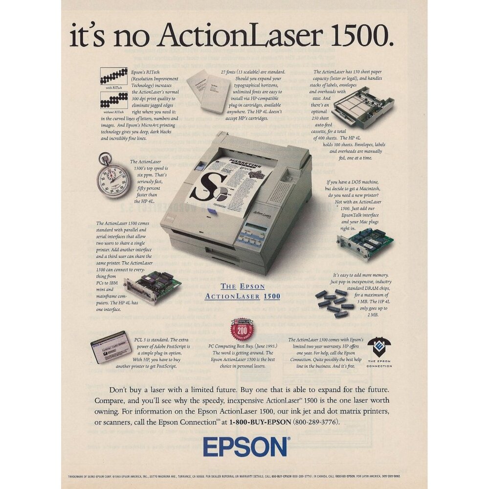 Epson ActionLaser 1500 Printer Vintage Print Ad 1993 Torrance California u